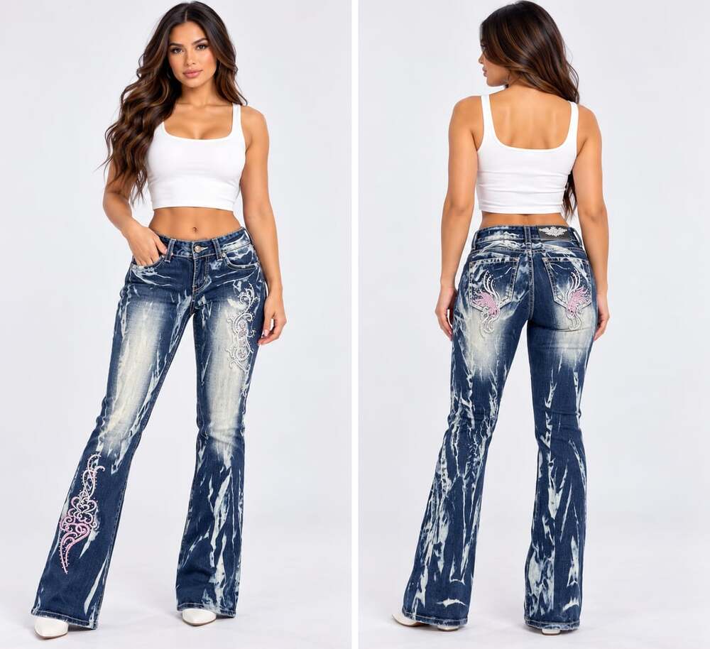 Crazy Age Flare Jeans Acid Wash Bling